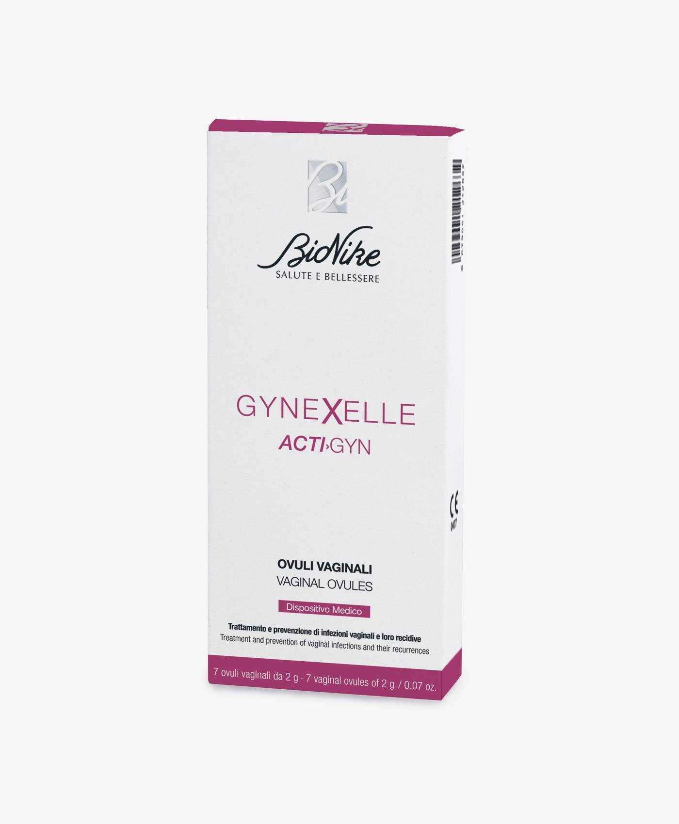 GYNEXELLE ACTIâ€ºGYN à¨ un dispositivo medico, in forma di ovuli vaginali, indicato come coadiuvante nella profilassi, nel trattamento e nella prevenzione di infezioni vaginali e loro recidive quali vaginiti, vaginosi batteriche o infezioni
micotiche e in caso di alterazioni dellâ€™ambiente vaginale dovute a trattamenti antibiotici prolungati o squilibri ormonali. GYNEXELLE ACTIâ€ºGYN favorisce il ripristino dellâ€™ecosistema vaginale, aiuta a prevenire e contrastare la secchezza vaginale, nonchà© i sintomi
di stati irritativi quali prurito, rossore, bruciore, edema e dolore.